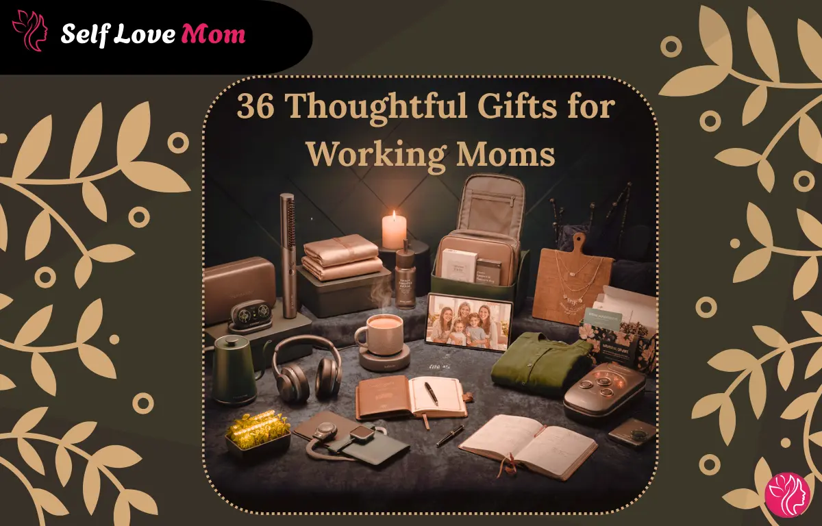 36 thoughtful gifts for working moms, showcasing items like headphones, journals, a coffee cup, and jewelry.