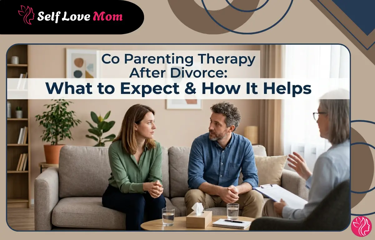 A divorced couple sitting on a couch during a co parenting therapy session with a female therapist in a bright, modern office.