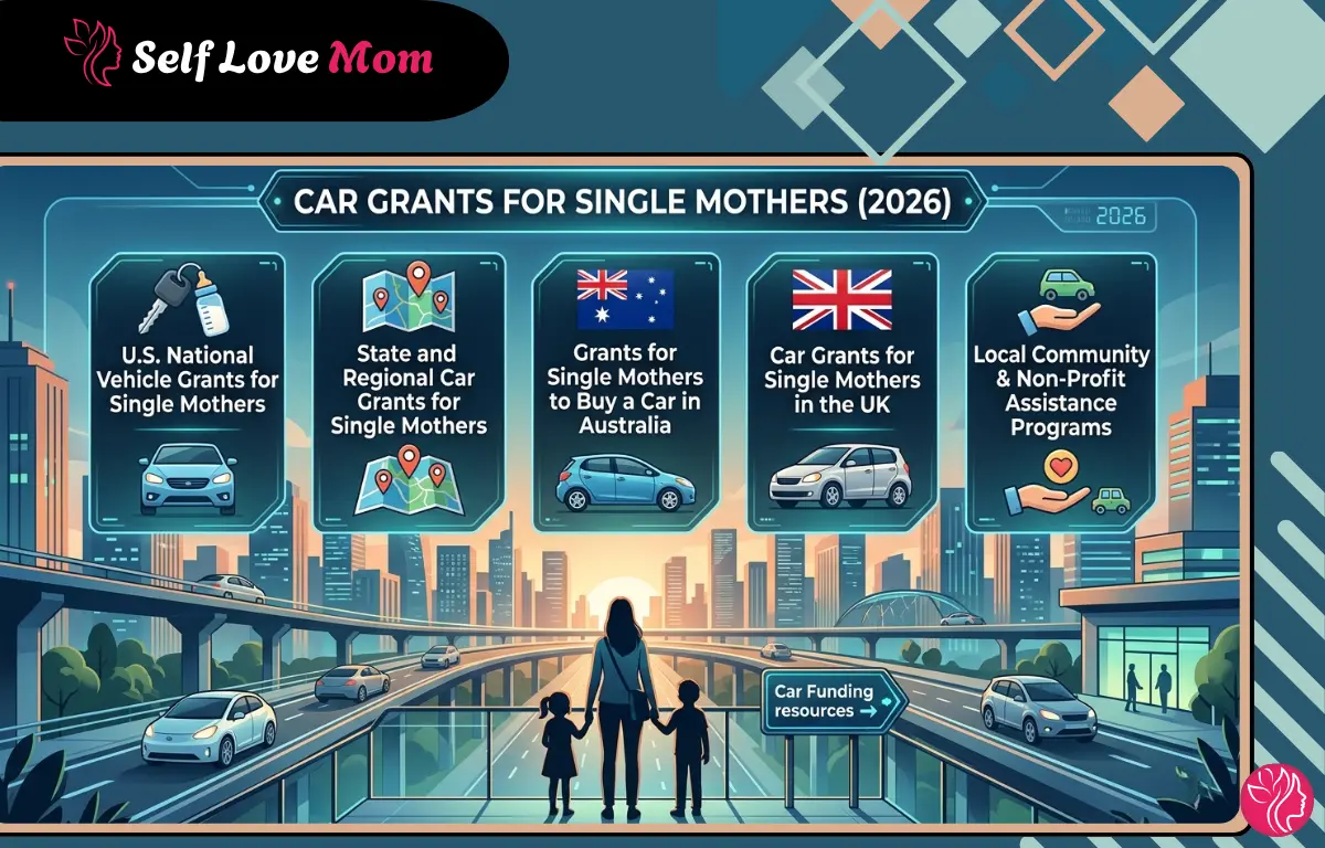 Car grants for single mothers 2026 infographic showing US national programs, state grants, Australia and UK car assistance, and nonprofit vehicle help