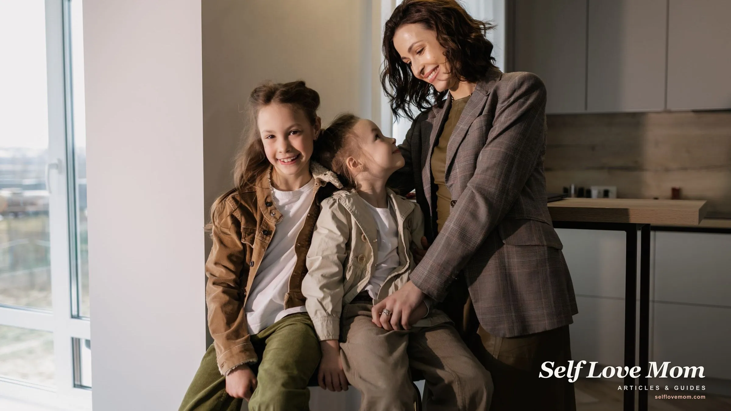 A single mom stands with her two children at home, looking financially confident and secure.