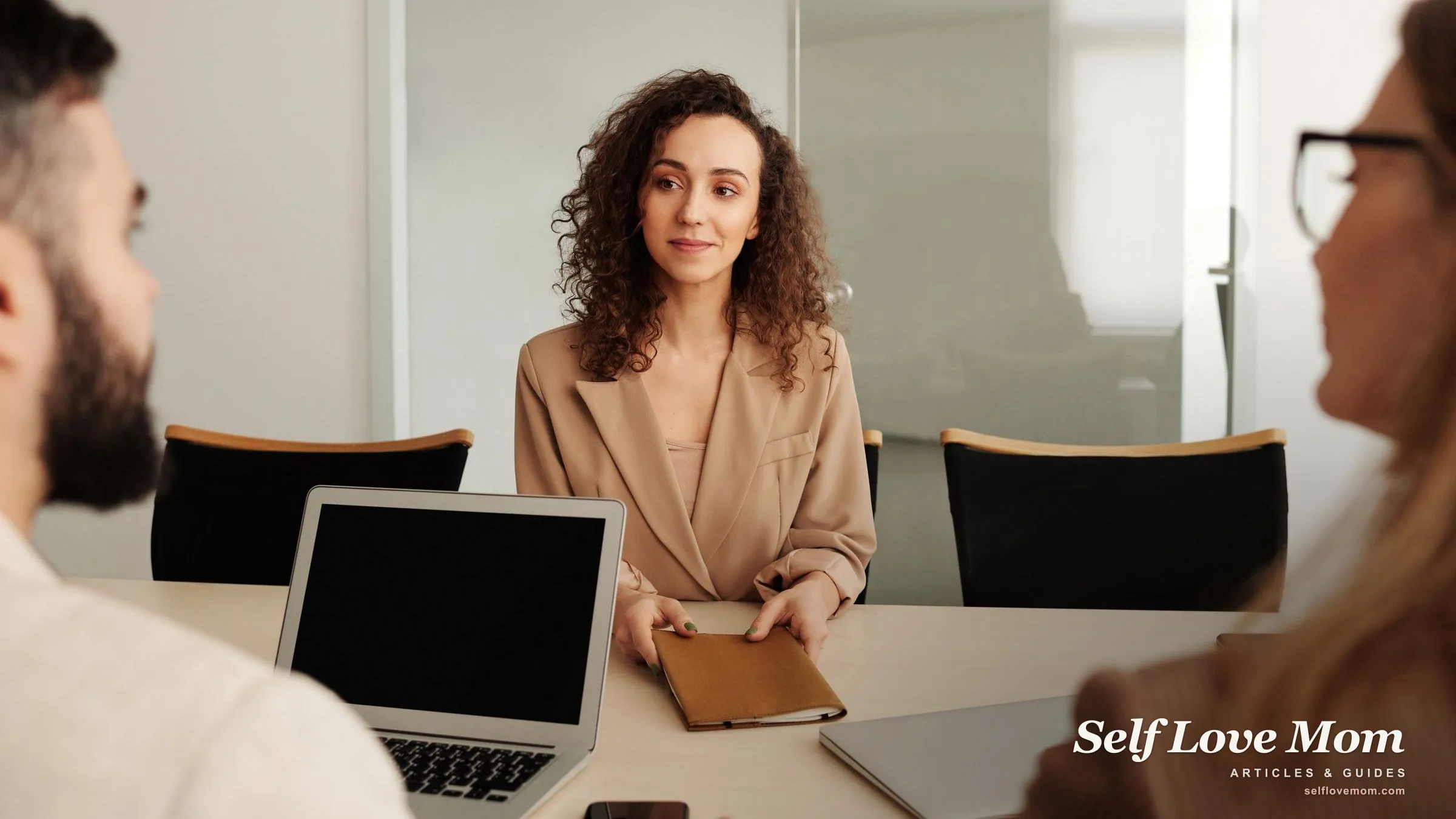 A stay-at-home mom interviews for a new job after updating her resume, facing the hiring panel with confidence.