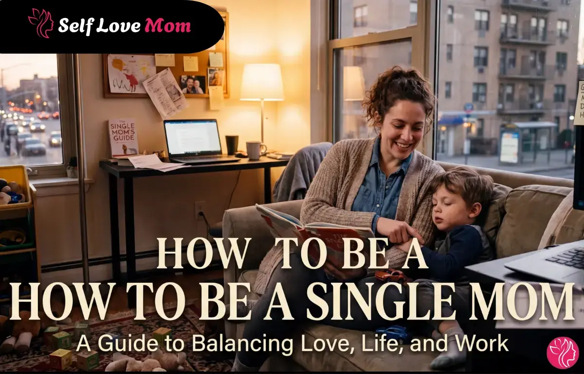 How to Be a Single Mom, A smiling single mother reading a book with her young son on the couch in a cozy city apartment at dusk, with a laptop and Single Mom's Guide book nearby, titled A Guide to Balancing Love, Life, and Work by Self Love Mom