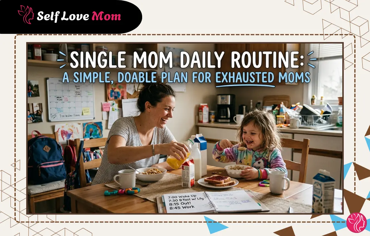 A single mom smiling and having breakfast with her young daughter in a cozy kitchen, following a simple single mom daily routine plan with a schedule showing wake up, breakfast, and work times.
