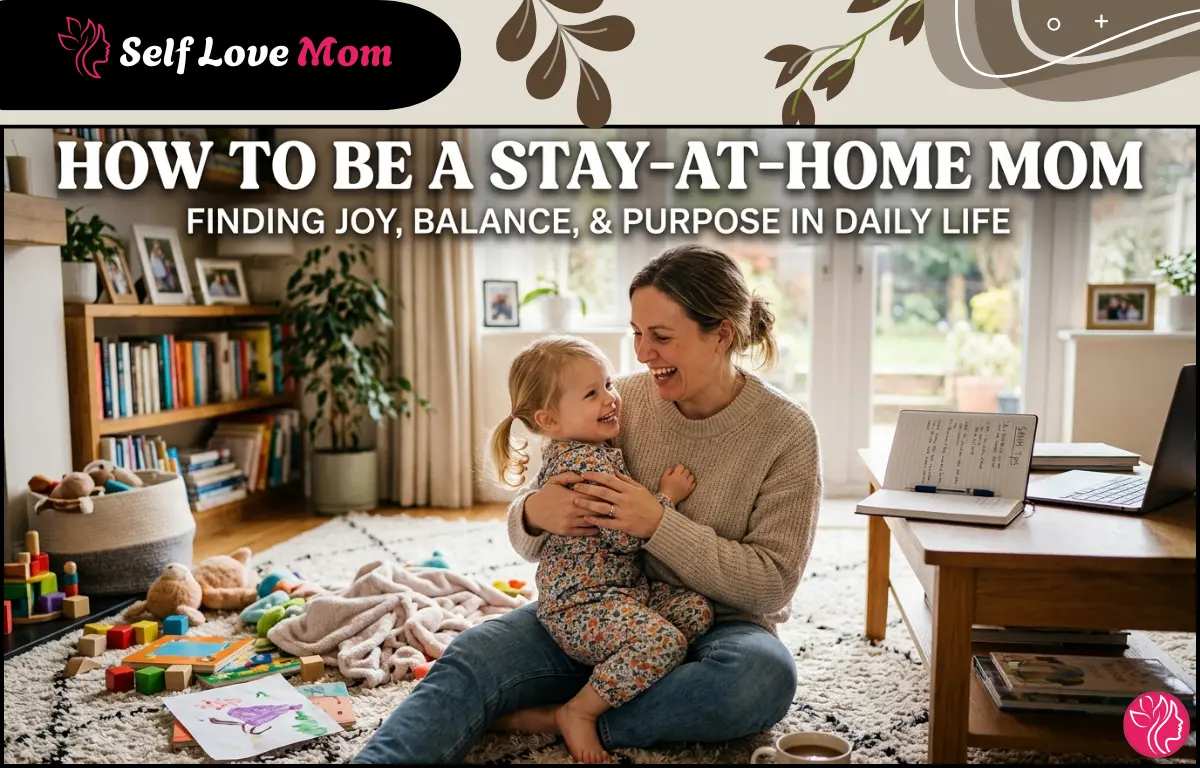 How to Be a Stay-at-Home Mom, A happy mother laughing and hugging her toddler daughter on the living room floor surrounded by toys, books, and art supplies, with the text Finding Joy, Balance, and Purpose in Daily Life by Self Love Mom