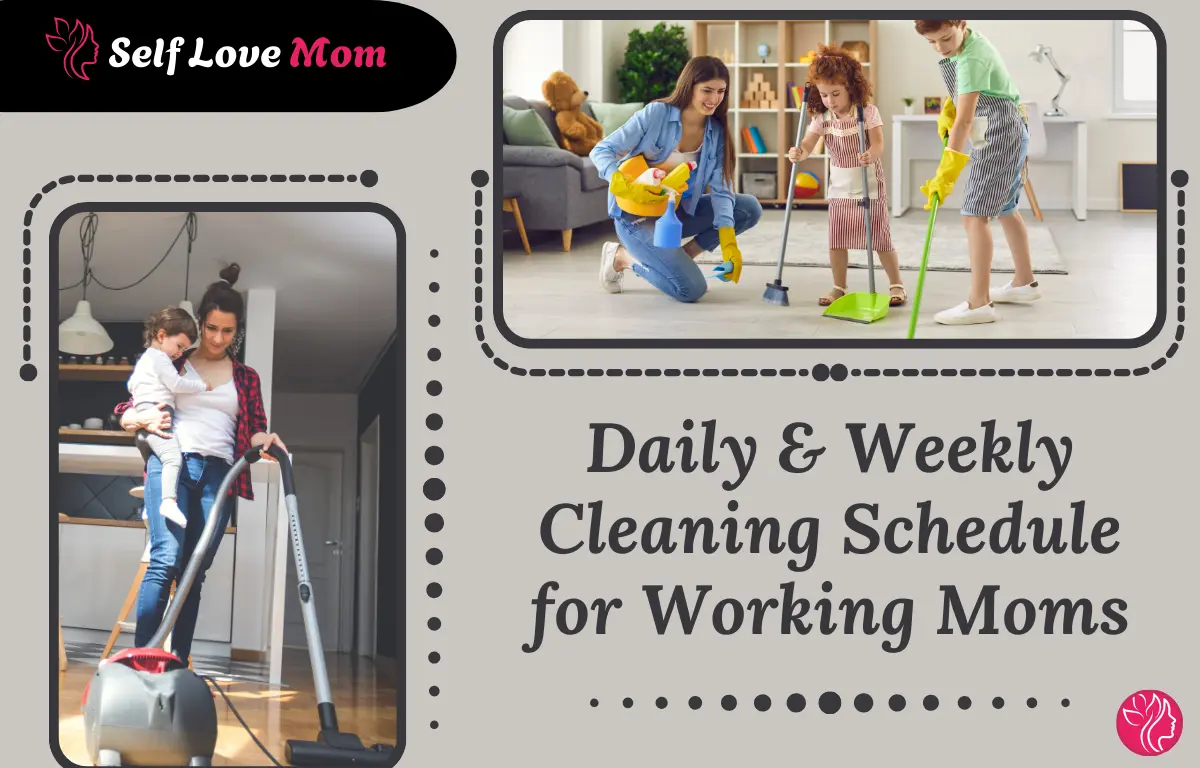 Cleaning schedule for working moms, A mom vacuuming in the kitchen with her child, and another mom cleaning with her children in the living room.