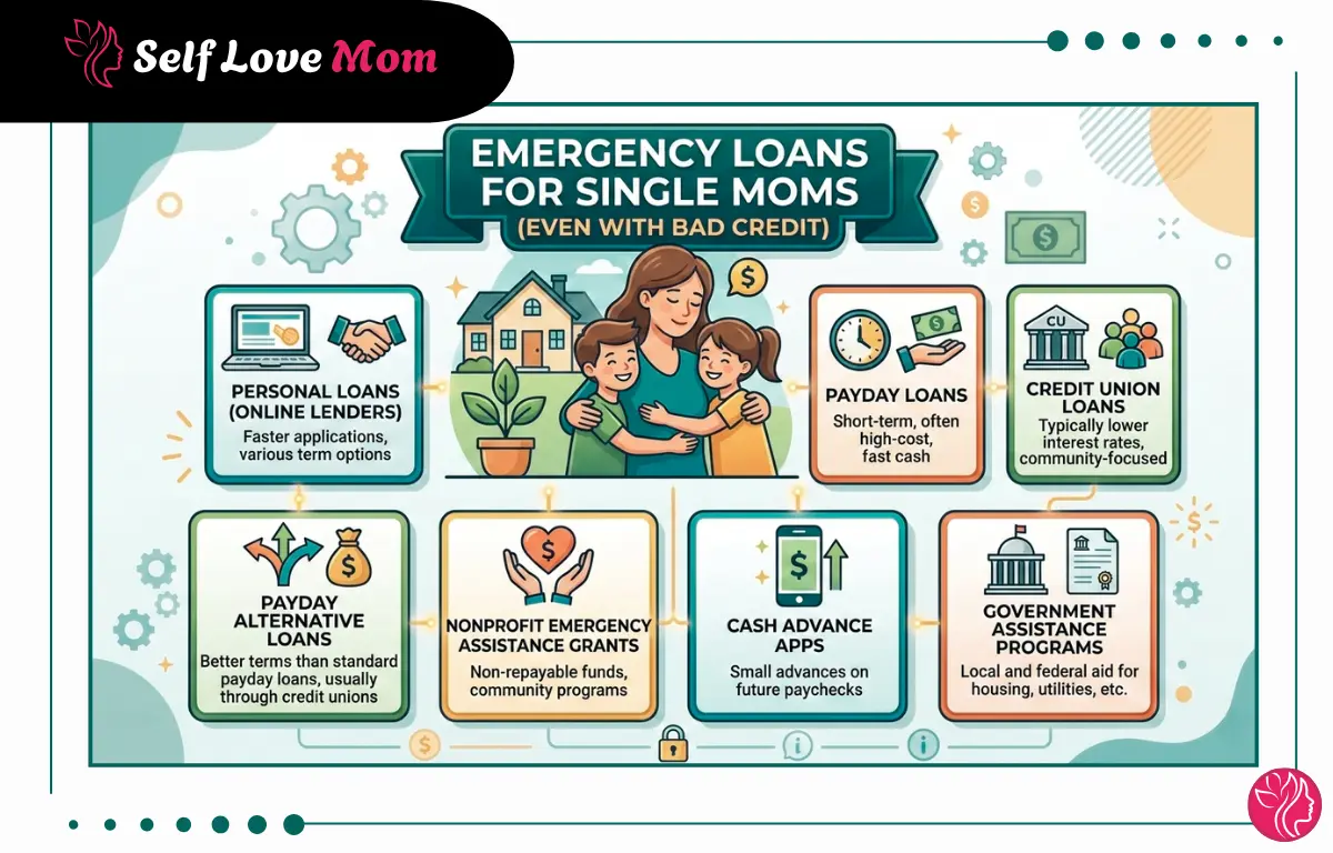 Emergency loans for single moms even with bad credit, showing 7 options including personal loans, payday loans, credit union loans, payday alternative loans, nonprofit grants, cash advance apps and government assistance programs