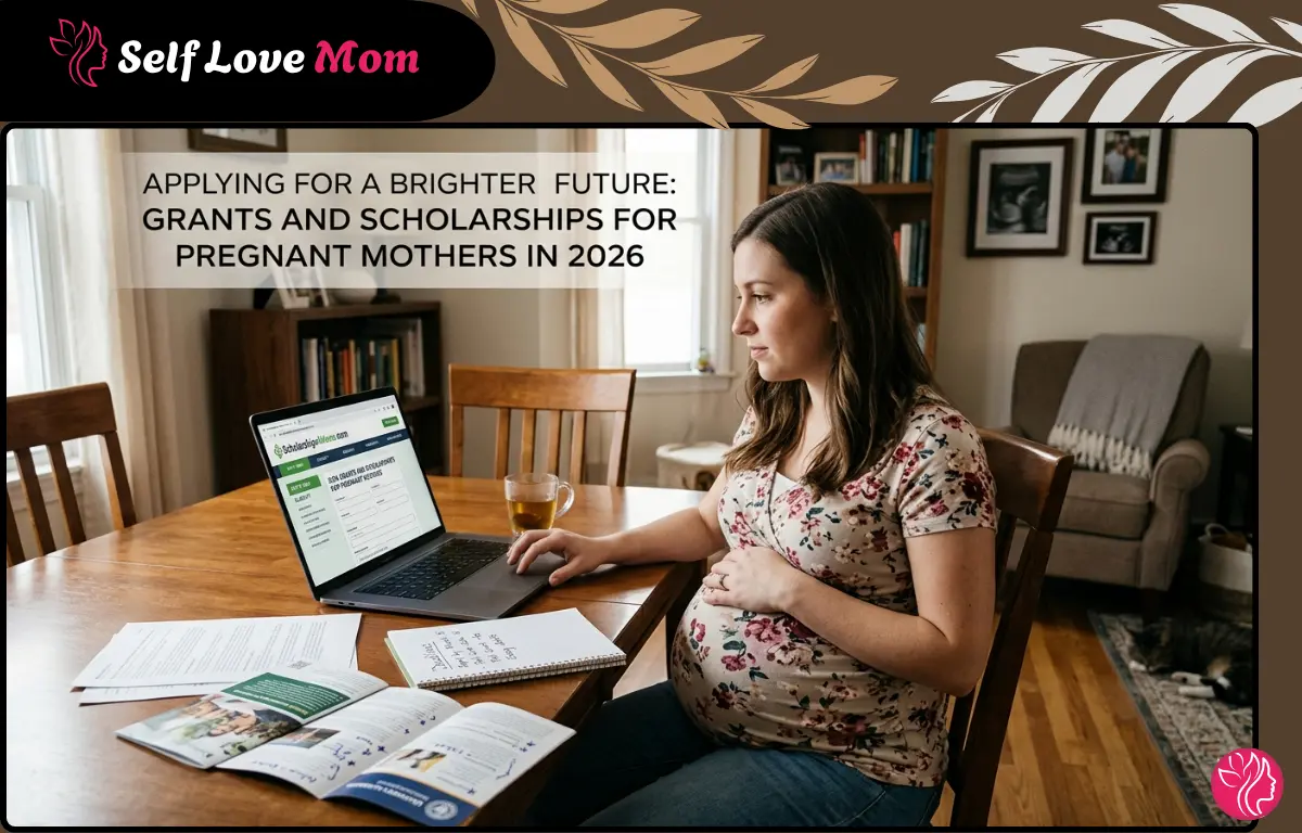 Pregnant woman sitting at home table researching grants and scholarships for pregnant mothers on a laptop in 2026