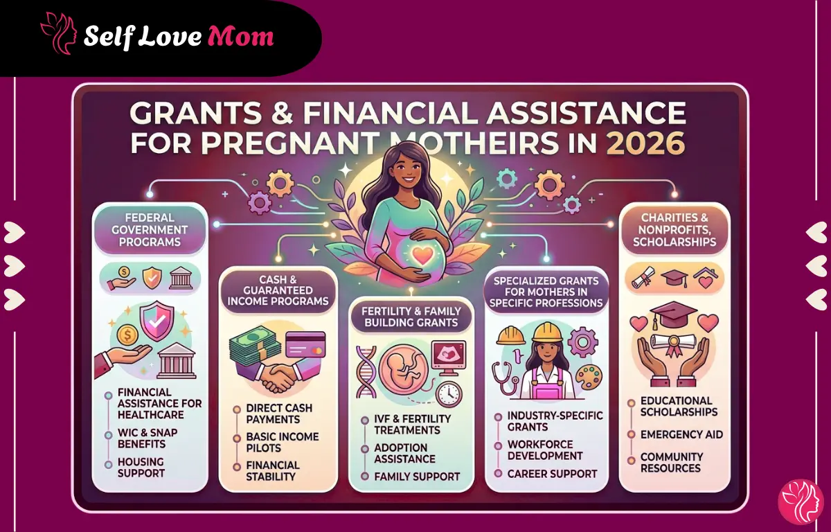 Infographic showing grants for single mothers and five categories of financial assistance for pregnant women in 2026 including federal programs, cash assistance, fertility grants, specialized professional grants, and nonprofit scholarships.