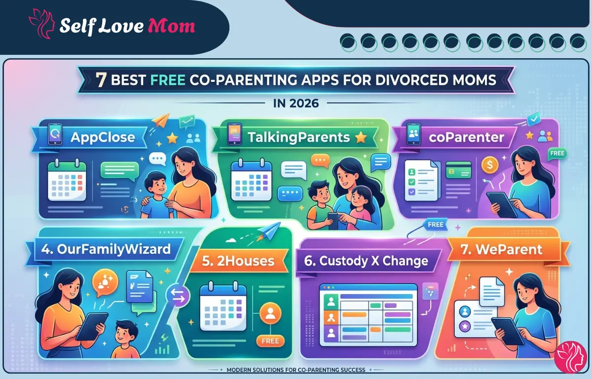 Infographic highlighting 7 Best Free Co Parenting Apps for Divorced Moms in 2026: AppClose, TalkingParents, coParenter, OurFamilyWizard, 2Houses, Custody X Change, and WeParent.
