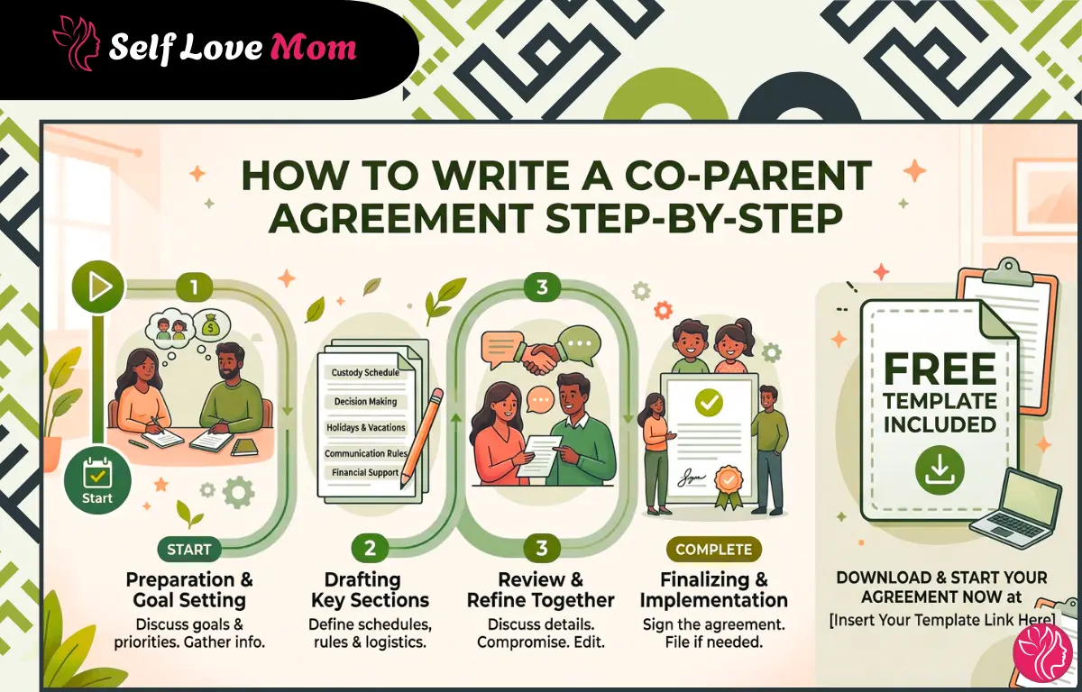 Step-by-step infographic on creating a co-parent agreement, including preparation, drafting, reviewing, and finalizing, free template included by Self Love Mom.