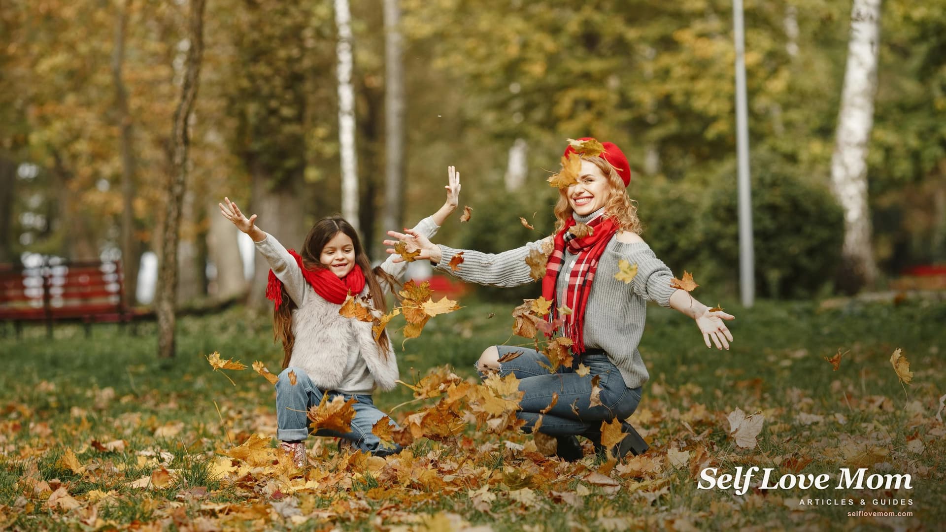 A mother and her daughter playing with autumn leaves in a sunlit park, a small joyful moment of the kind single moms in NJ work to protect.