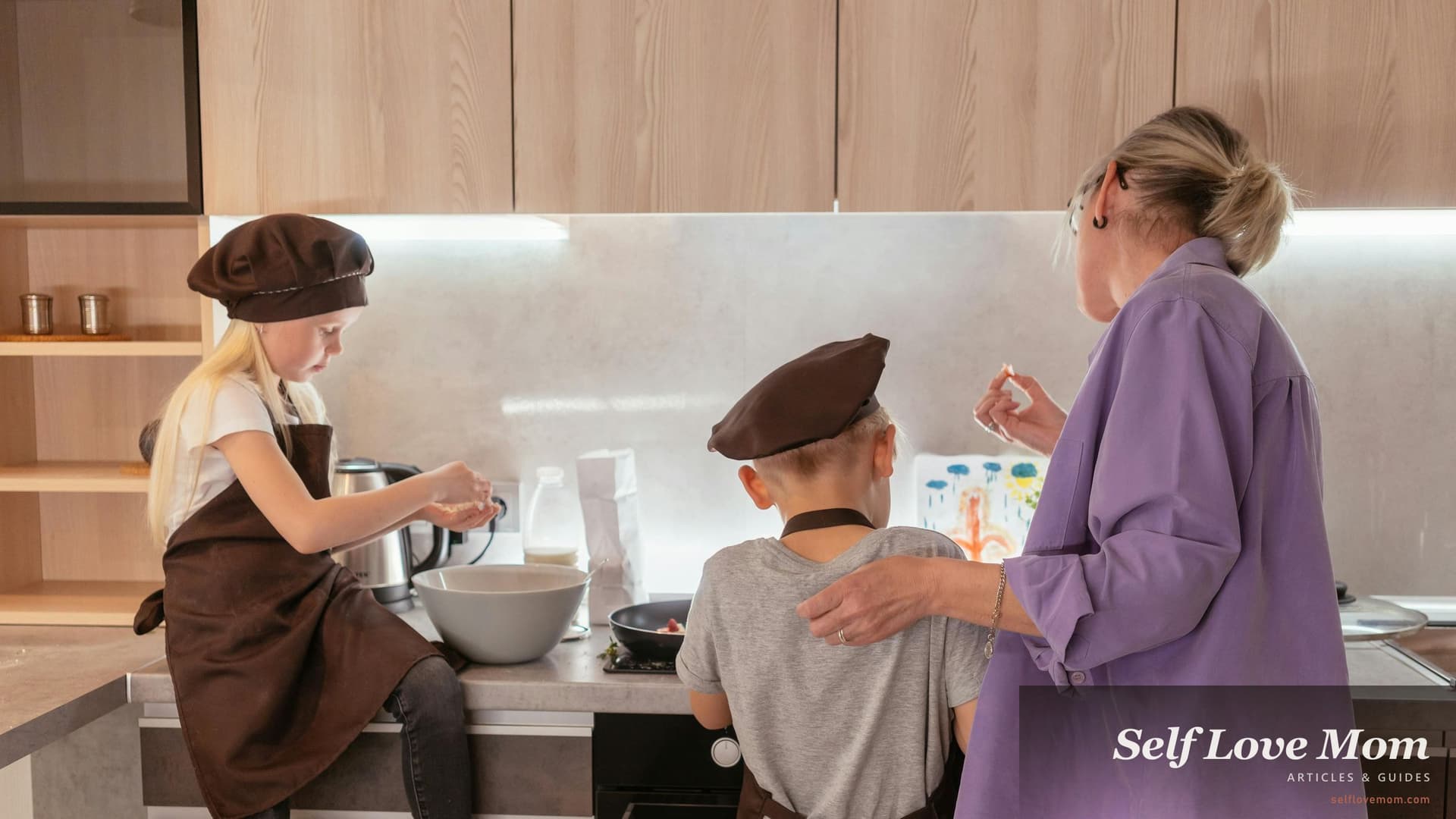 A single mom in Washington cooks dinner with her two kids in a sunlit kitchen, the kind of family meal Washington's 2026 SNAP food stamps program is built to help stretch.