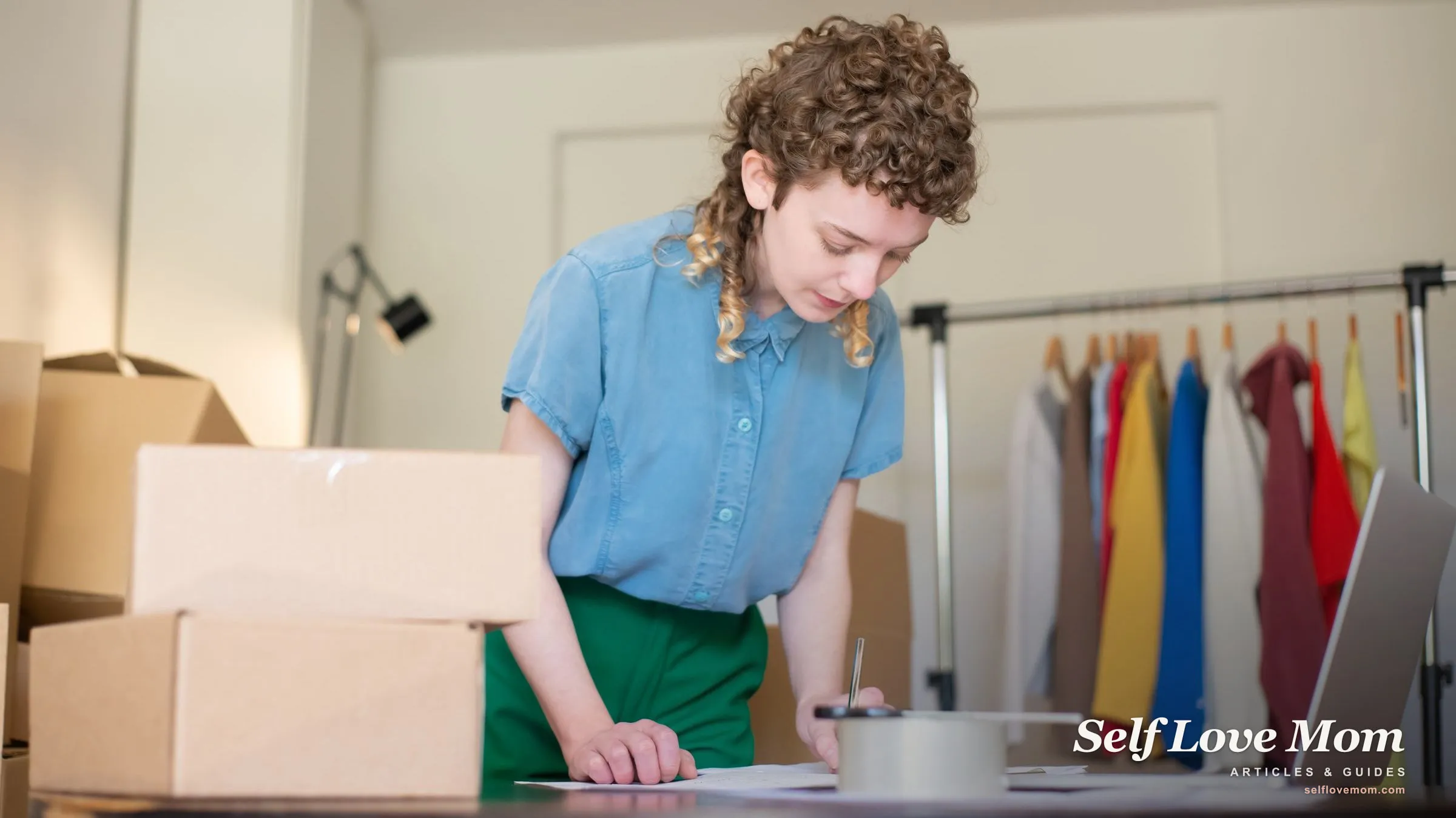 A mom packs customer orders at her home desk beside cardboard boxes, running her own small business.