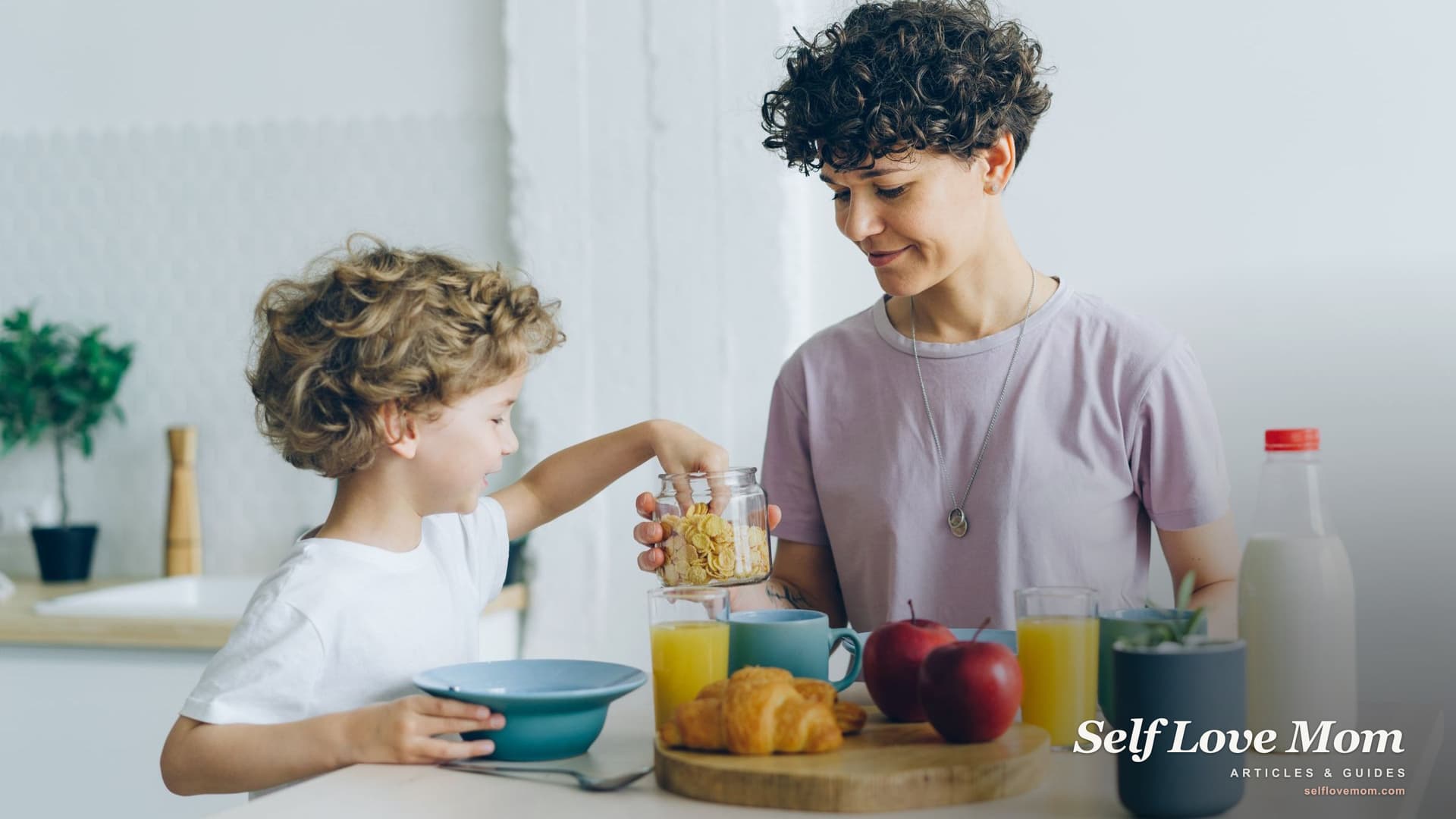 A mother pours cereal for her young son at the breakfast table in their kitchen.