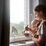 Single mom holding her baby while practicing self-care at home