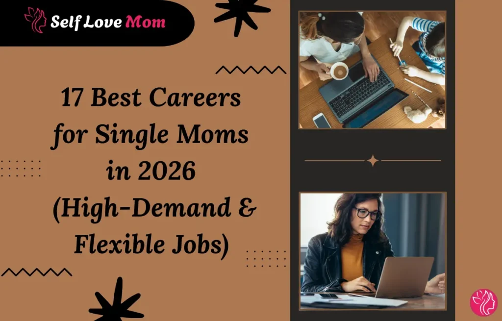 Single mom working on a laptop while managing family responsibilities and searching flexible best careers for single moms