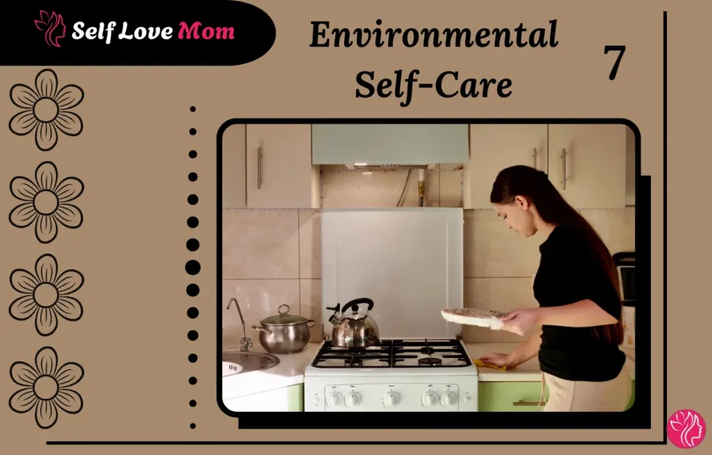 Environmental self-care: A woman organizing her kitchen for a clean and healthy environment.