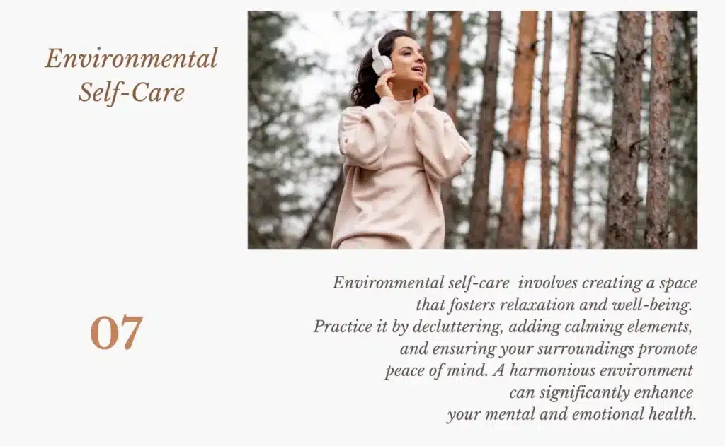 A woman enjoying environmental self-care in nature, fostering relaxation and peace through her surroundings