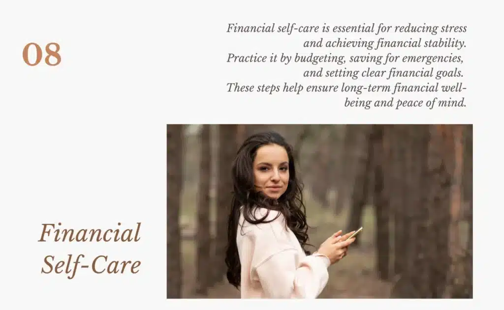 A woman practicing financial self-care by managing her finances with budgeting and planning, ensuring long-term financial stability