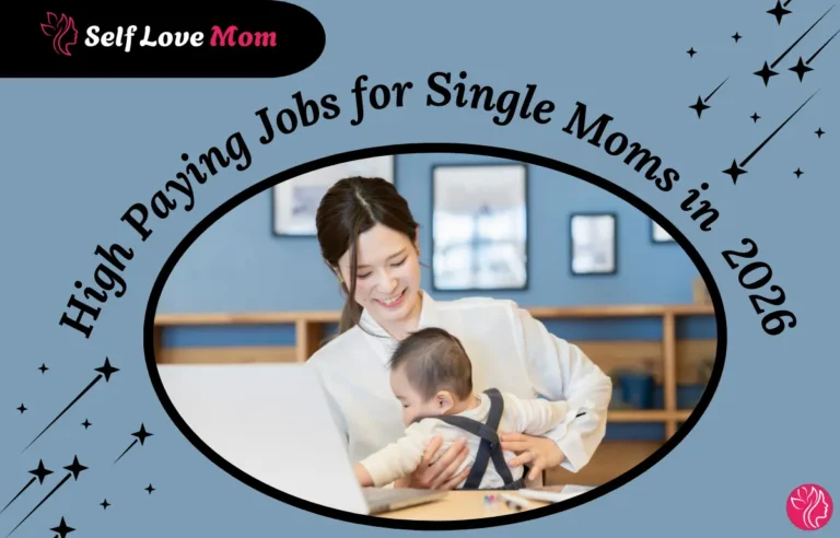 Single mom working on a laptop while holding her baby, representing high paying jobs for single moms in 2026