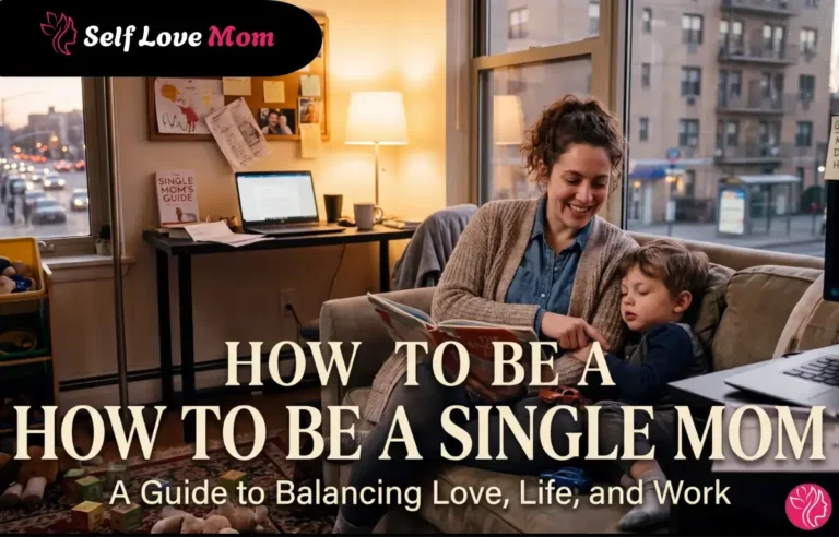 How to Be a Single Mom – A smiling single mother reading a book with her young son on the couch in a cozy city apartment at dusk, with a laptop and Single Mom's Guide book nearby, titled A Guide to Balancing Love, Life, and Work by Self Love Mom
