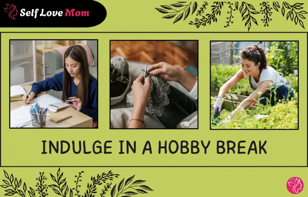 Self-care for single moms: A woman taking a hobby break by knitting and gardening