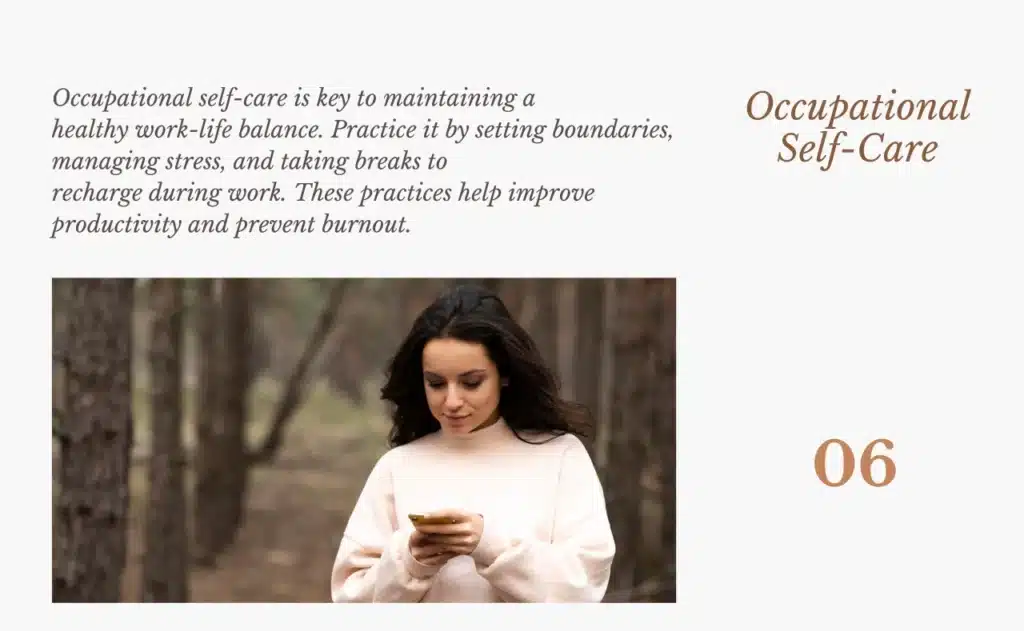 A woman practicing occupational self-care by managing work stress and taking a break while enjoying time in nature, focusing on work-life balance