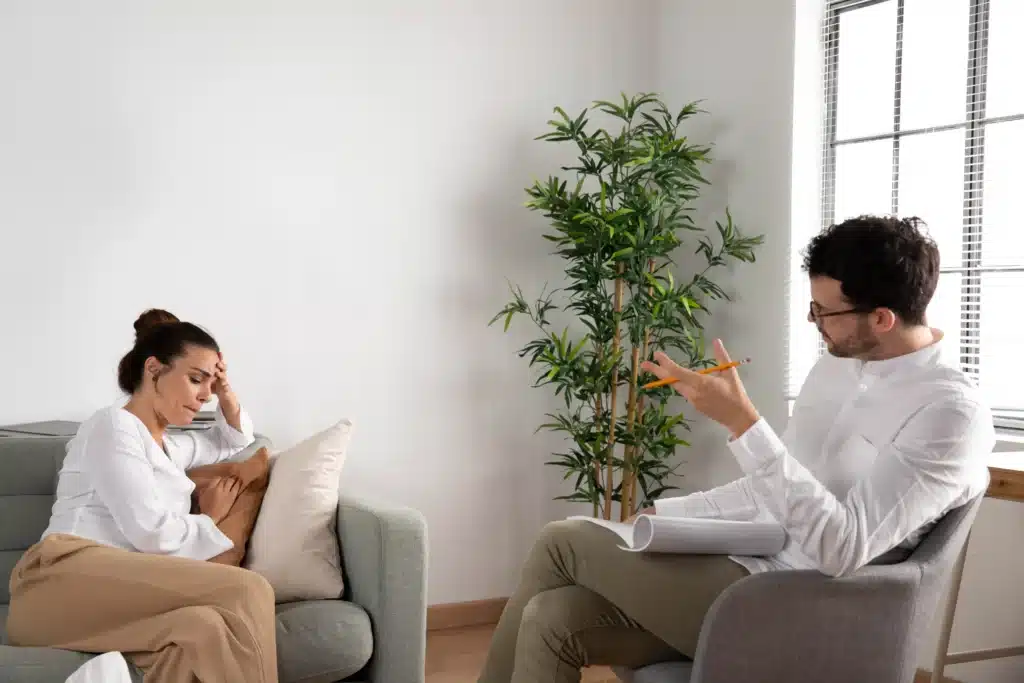 Single mother discussing mental health with professional therapist