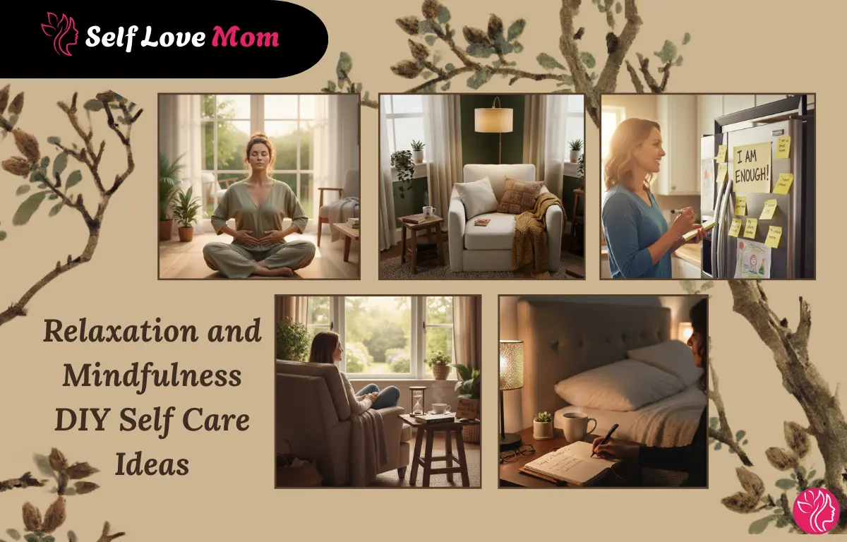 Mindfulness and relaxation DIY self care ideas including meditation, journaling, and calm home spaces