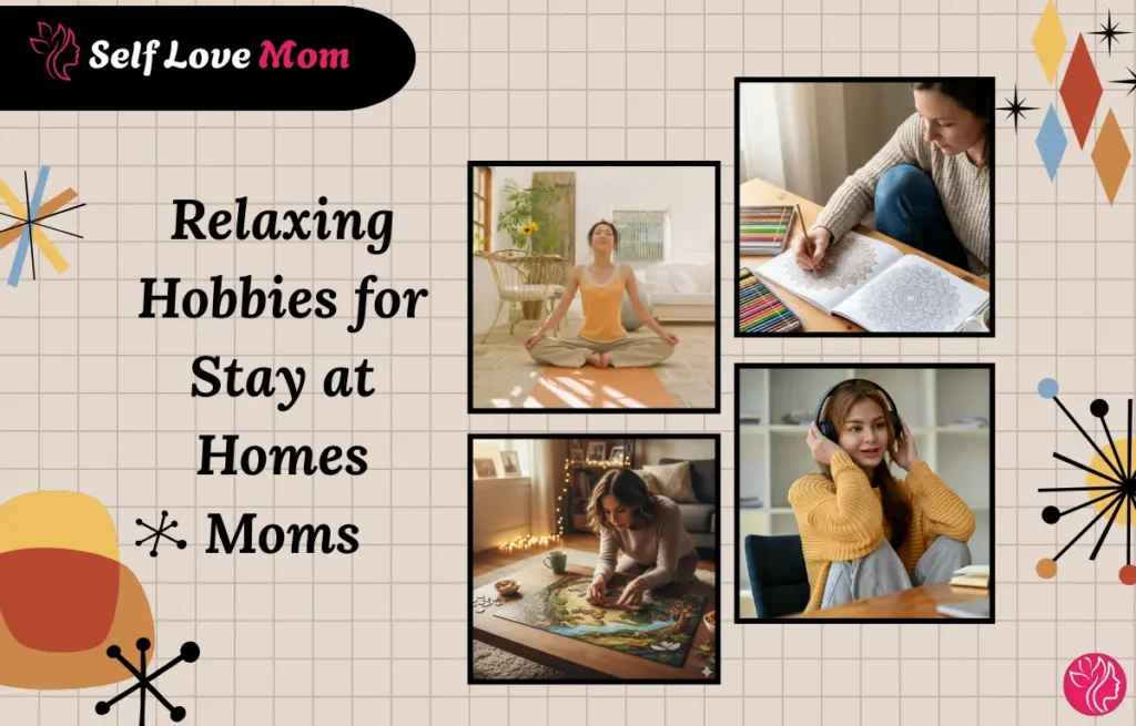 A mom doing yoga and coloring, engaging in relaxing hobbies that promote mental wellness and stress relief.