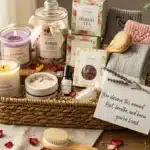 Self Care Basket for New Mom with skincare, snacks, and cozy essentials for postpartum recovery