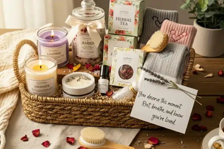 Self Care Basket for New Mom with skincare, snacks, and cozy essentials for postpartum recovery