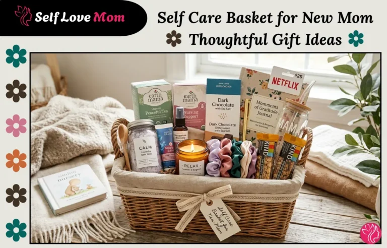Self care basket for new mom with tea, bath salts, candle, chocolates, journal, and relaxation gifts