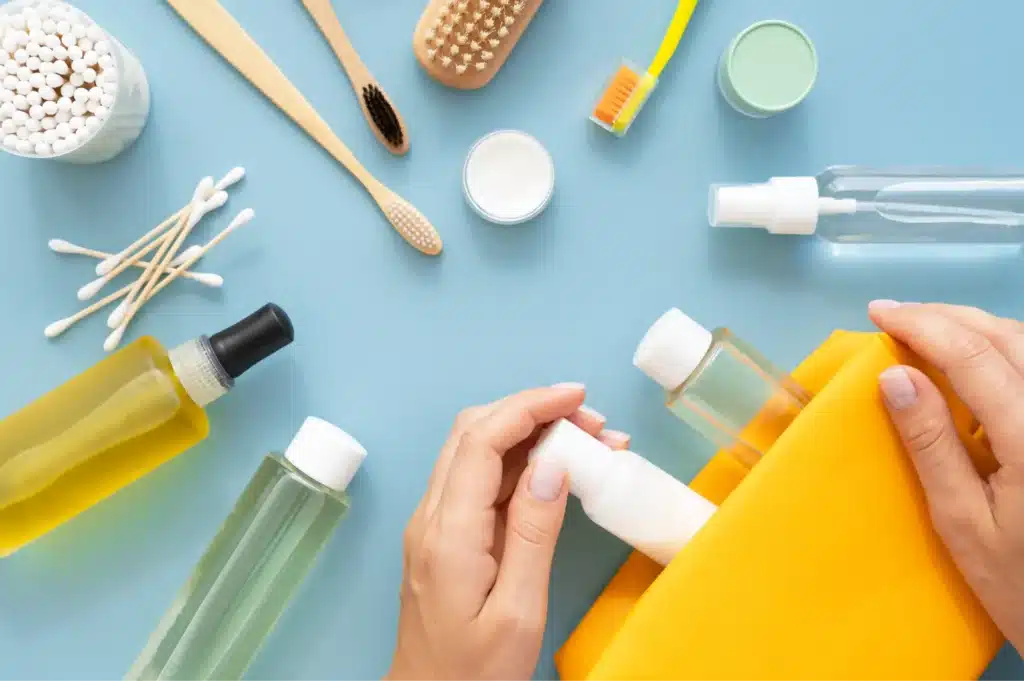 Self care kits for moms with oils, skincare bottles, toothbrush, cotton swabs, and wellness essentials for relaxation and recovery.