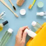 Self care kits for moms with oils, skincare bottles, toothbrush, cotton swabs, and wellness essentials for relaxation and recovery.