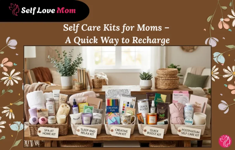 A variety of self care kits for moms including spa, sleep, creative, quick boost, and postpartum care baskets arranged on a table.