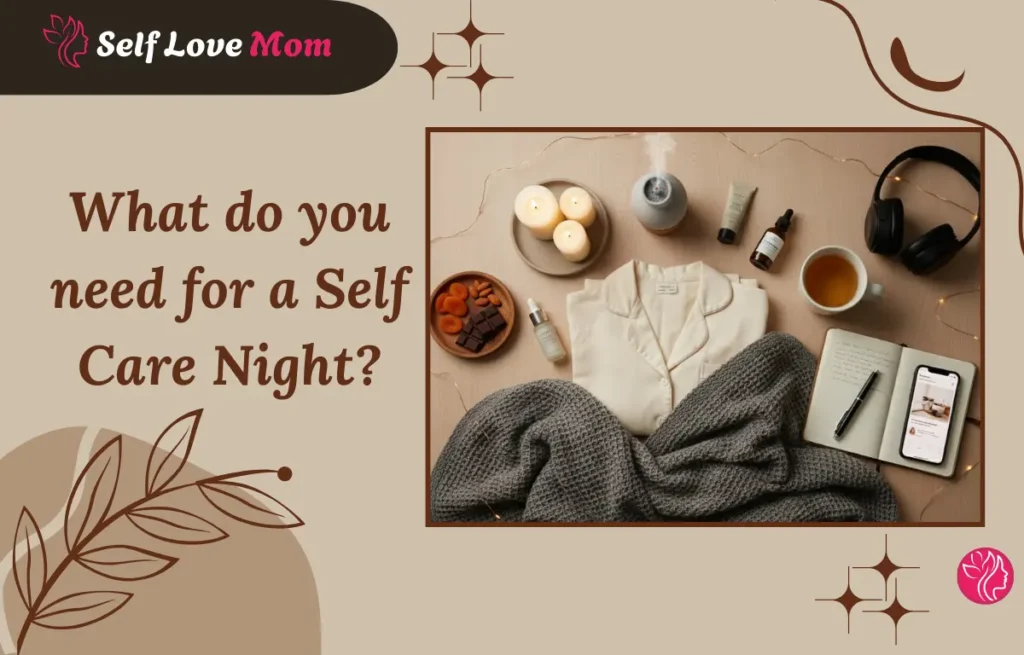 A cozy self- are night essentials with candles, skincare, tea, and a journal.