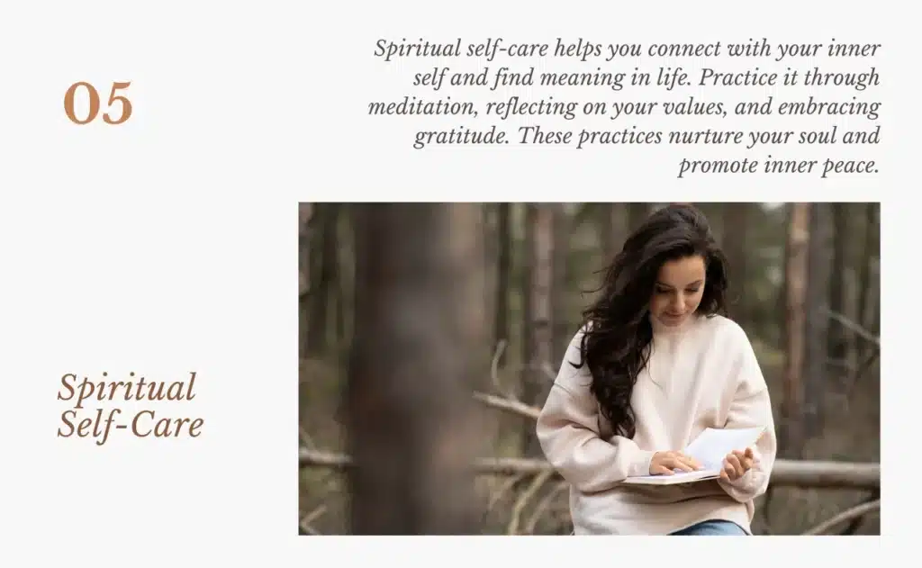 A woman practicing spiritual self-care in nature, reflecting on her values and embracing gratitude while reading a book