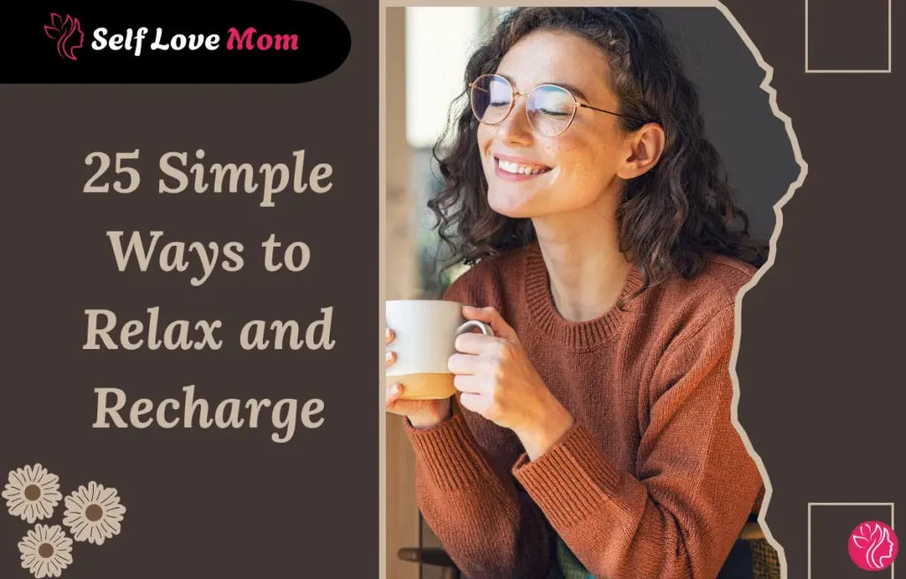 Self-care for stay-at-home moms: A woman smiling while drinking tea, recharging her energy