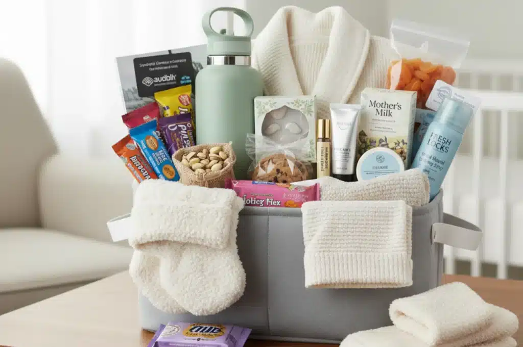 Care packages for new moms with snacks, self-care essentials, and relaxation products.