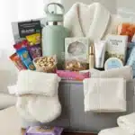 Care packages for new moms with snacks, self-care essentials, and relaxation products.