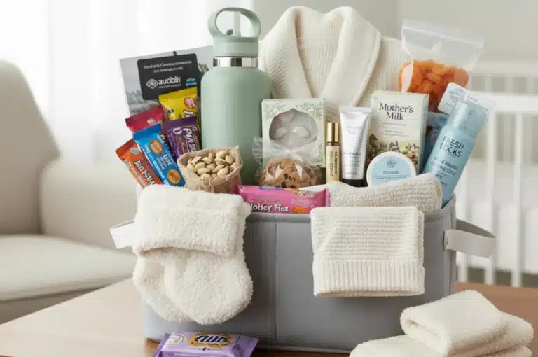 Care packages for new moms with snacks, self-care essentials, and relaxation products.