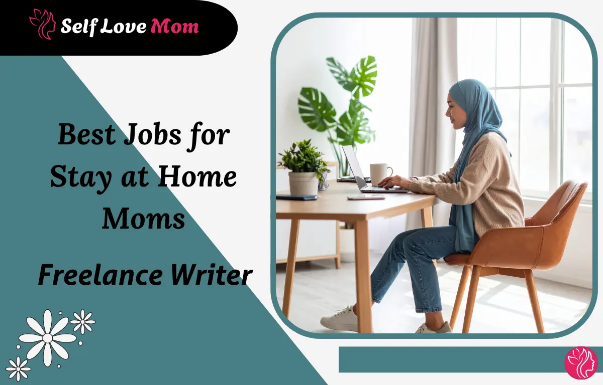 Stay-at-home mom working as a freelance writer from home using a laptop