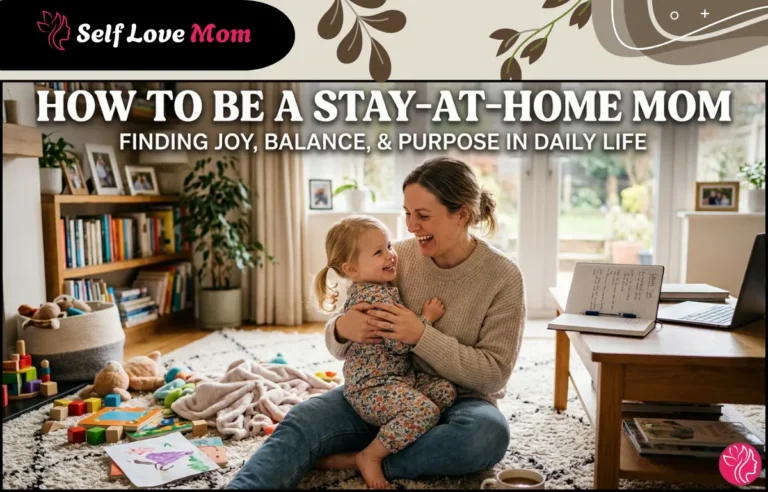 How to Be a Stay-at-Home Mom – A happy mother laughing and hugging her toddler daughter on the living room floor surrounded by toys, books, and art supplies, with the text Finding Joy, Balance, and Purpose in Daily Life by Self Love Mom
