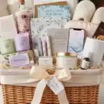 A beautifully arranged self-care basket showcasing various ideas for self care basket, including soothing candles, bath salts, essential oils, a mindfulness journal, cozy slippers, and snacks, perfect for relaxation and pampering.