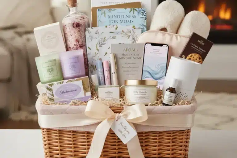 A beautifully arranged self-care basket showcasing various ideas for self care basket, including soothing candles, bath salts, essential oils, a mindfulness journal, cozy slippers, and snacks, perfect for relaxation and pampering.
