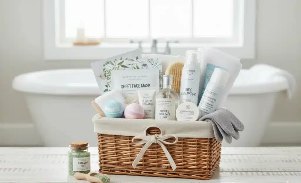 Self-care pampering essentials care package with bubble bath, sheet mask, dry shampoo, and foot soak.