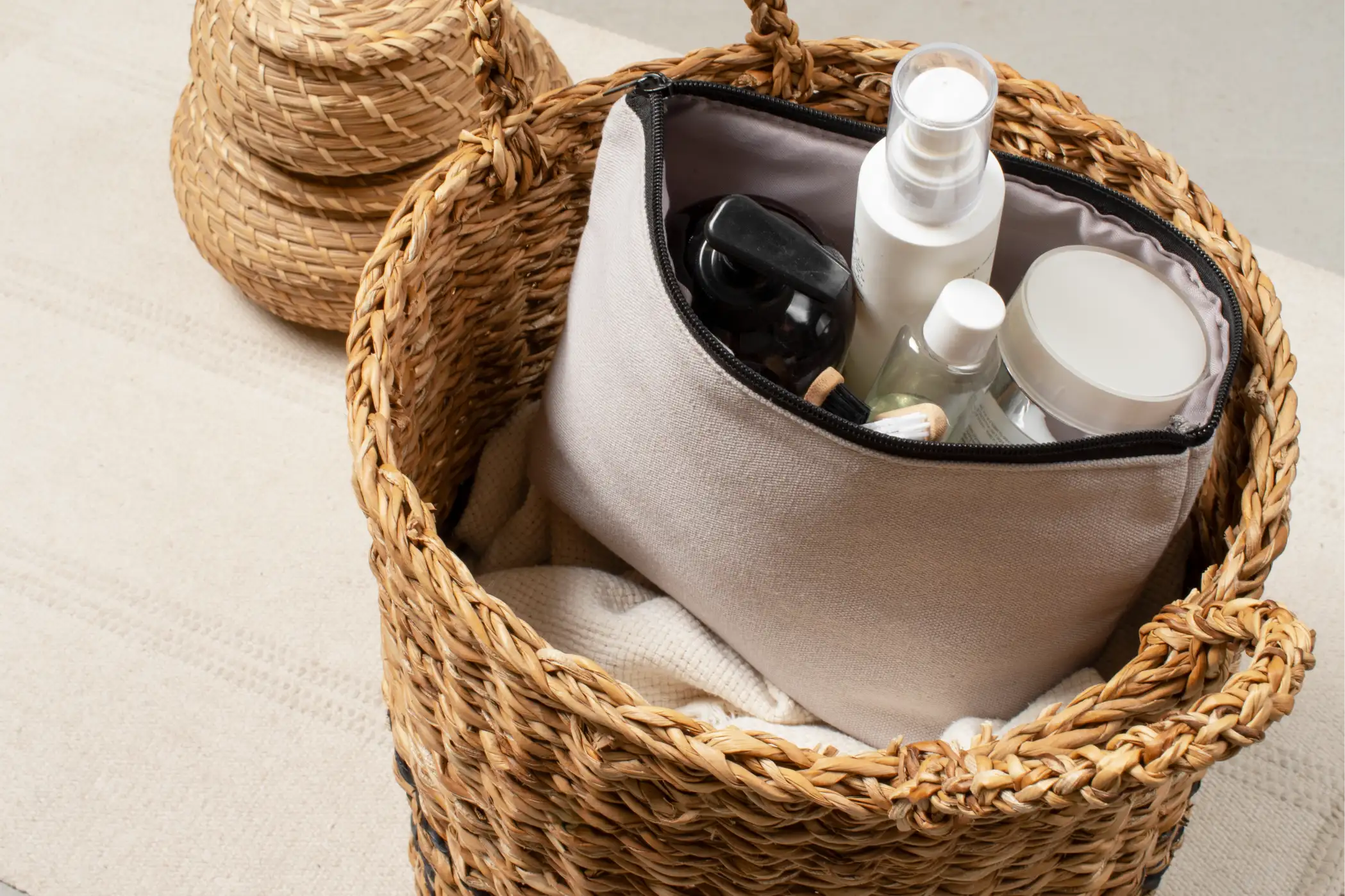 A cozy spa-at-home self care gift basket for women with soft towels, soaps, essential oils, and bath accessories to help moms relax and recharge.
