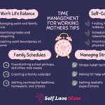 Infographic showing time management for working mothers tips including work-life balance, family schedules, self-care, and stress management advice