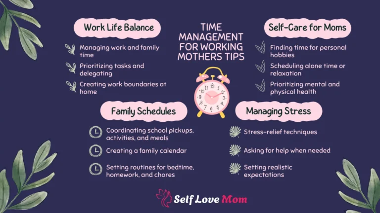 Infographic showing time management for working mothers tips including work-life balance, family schedules, self-care, and stress management advice
